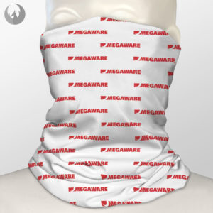 White neck gaiter face shield with Red Megaware Logo