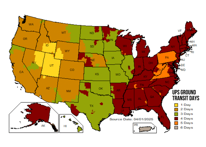 A colorful map of the united states showing how many days it takes for ups package delivery from Utah