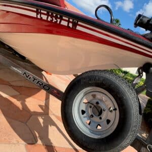 White Megaware KeelGuard on a red and white boat