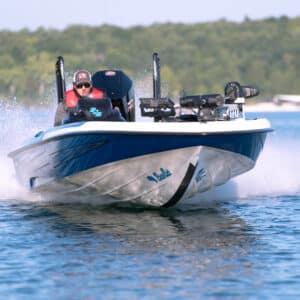 Black Megaware KeelGuard on a blue and white BassCat boat