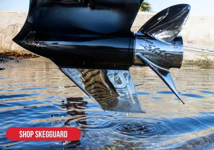 Megaware Skegguard on a black yamaha outboard motor